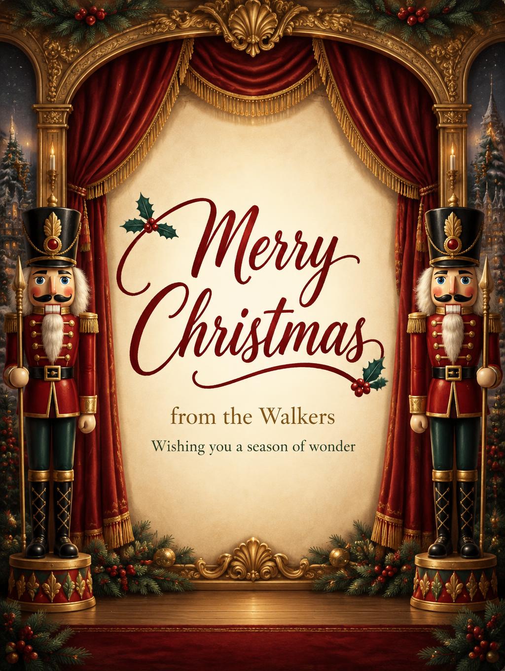 "Merry Christmas
from the Walkers
Wishing you a season of wonder" — Nutcracker | AI Text Effect Generator