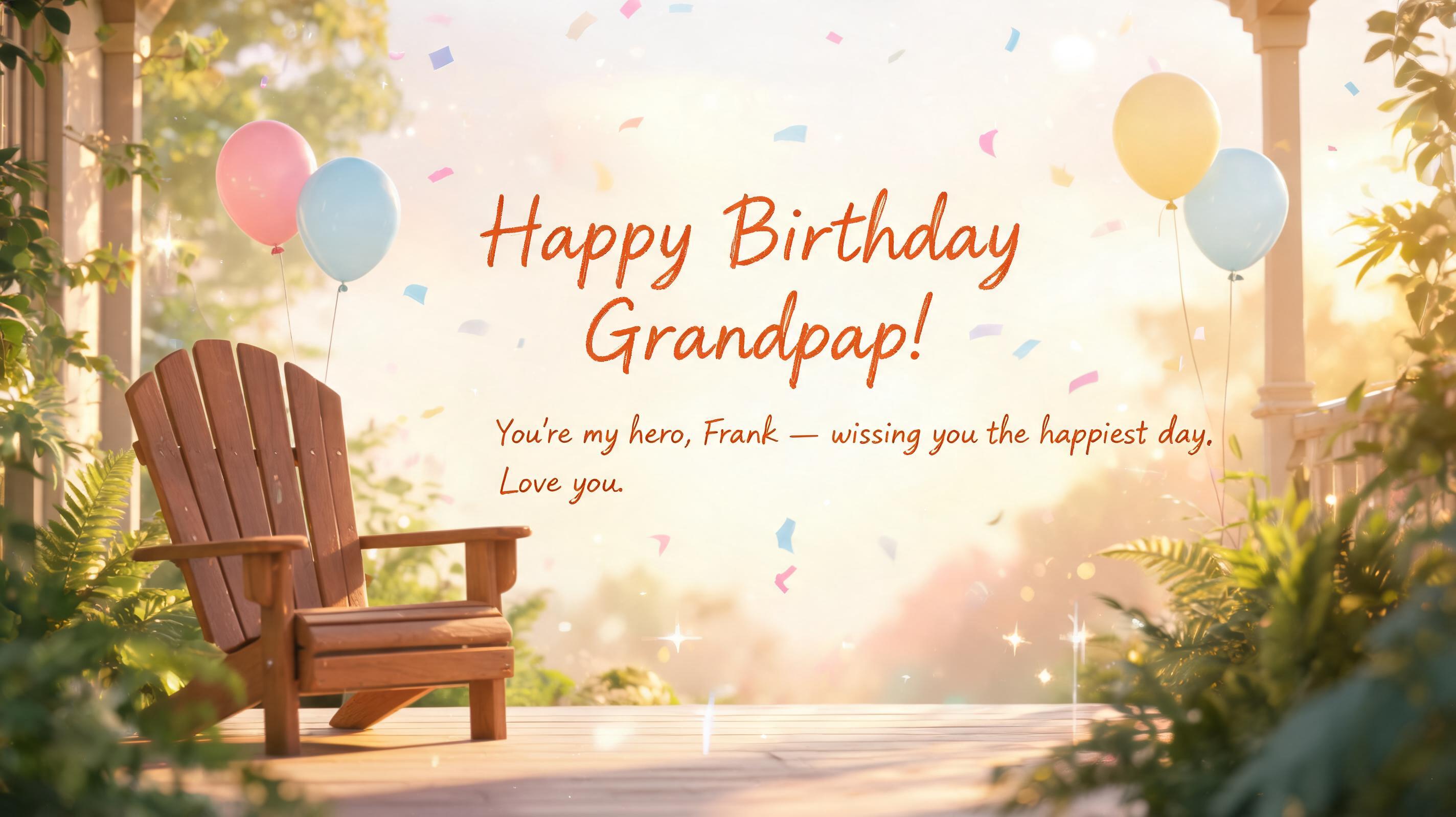 "Happy Birthday Grandpa!
You're my hero, Frank — wishing you the happiest day. Love you." — Birthday | AI Text Effect Generator