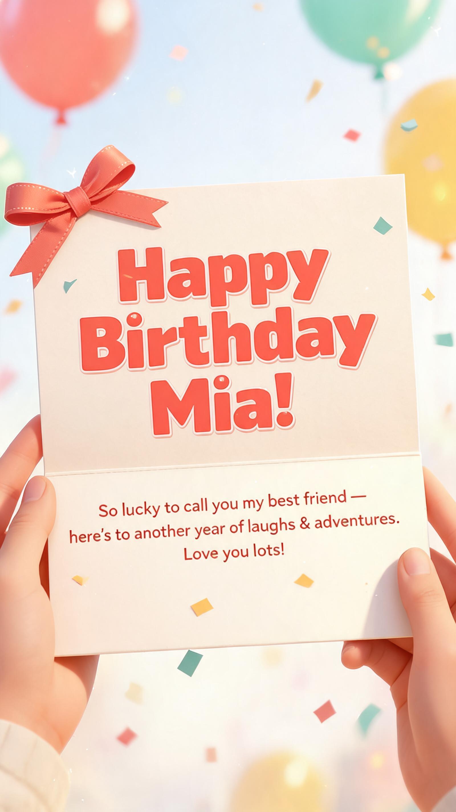 "Happy Birthday Mia!
So lucky to call you my best friend — here's to another year of laughs & adventures. Love you lots!" — Birthday | AI Text Effect Generator