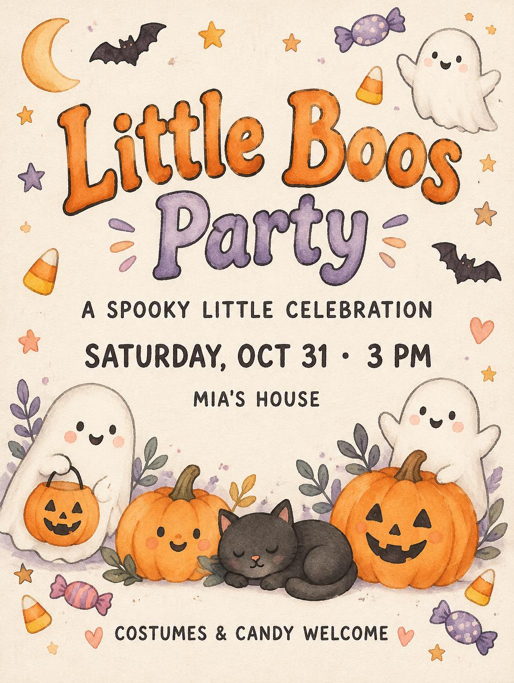 Little Boos Party
A SPOOKY LITTLE CELEBRATION
SATURDAY, OCT 31 · 3 PM
MIA'S HOUSE
COSTUMES & CANDY WELCOME