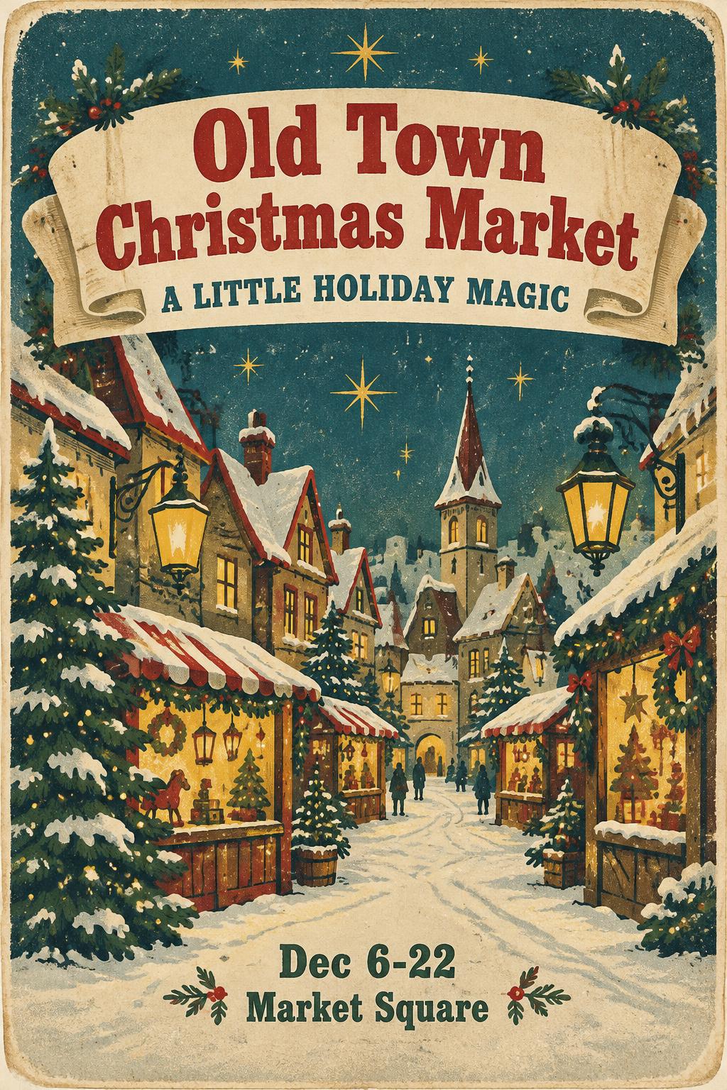 "Old Town Christmas Market
A LITTLE HOLIDAY MAGIC
Dec 6-22
Market Square" — Vintage Christmas | AI Text Effect Generator