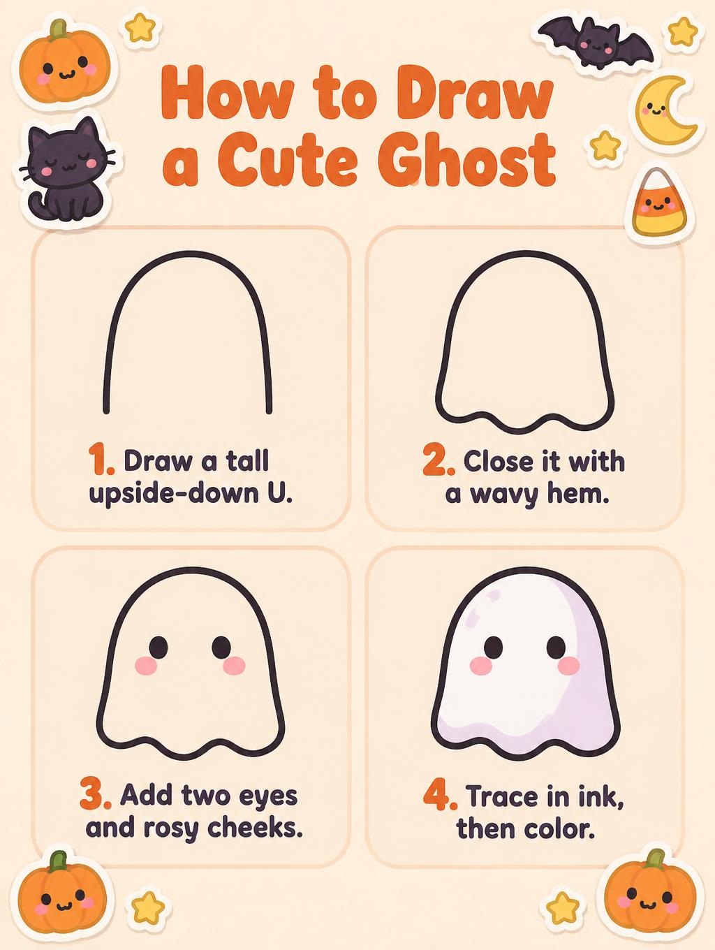 How to Draw a Cute Ghost
1. Draw a tall upside-down U.
2. Close it with a wavy hem.
3. Add two eyes and rosy cheeks.
4. Trace in ink, then color.