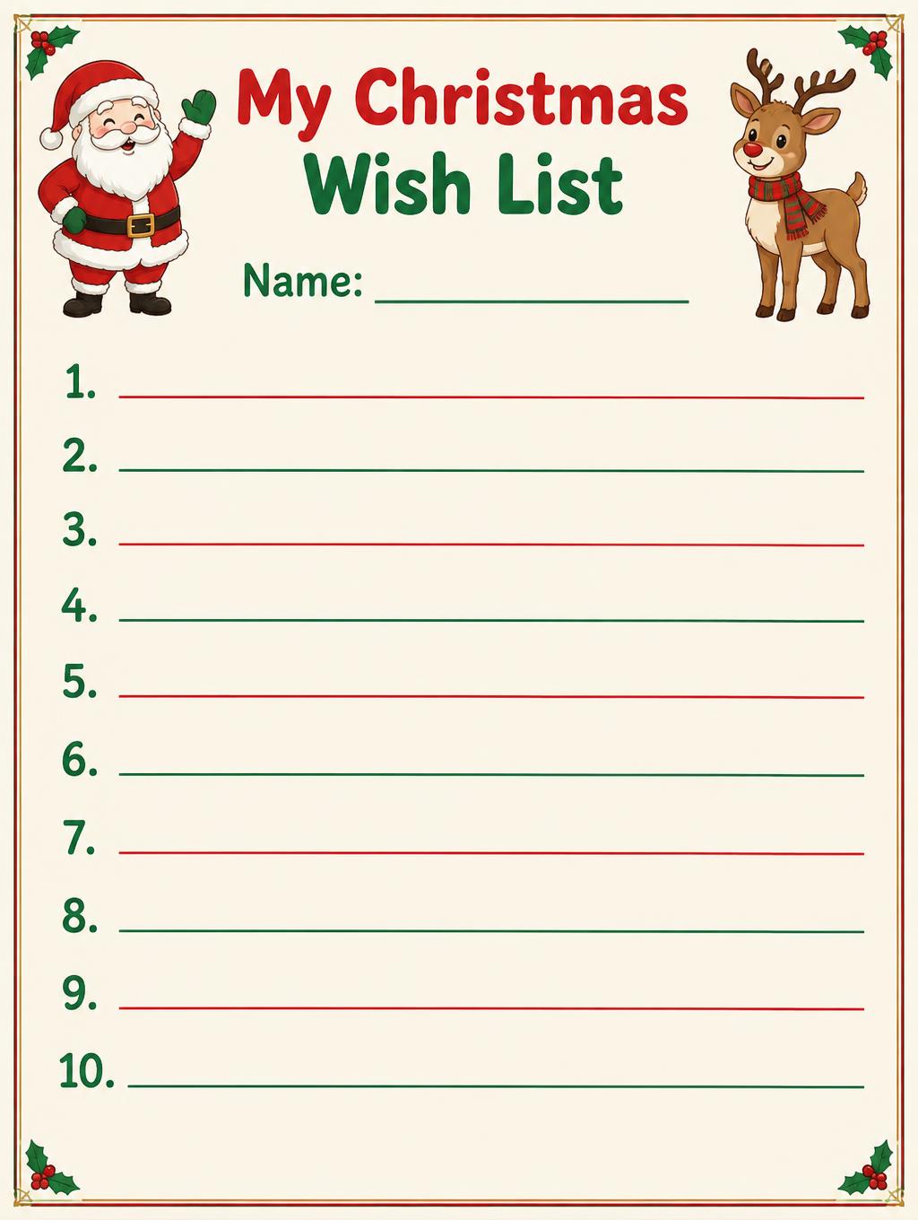 "My Christmas Wish List
Name: ____
1.
2.
3.
4.
5.
6.
7.
8.
9.
10." — Cheerful Holiday Stationery | AI Text Effect Generator