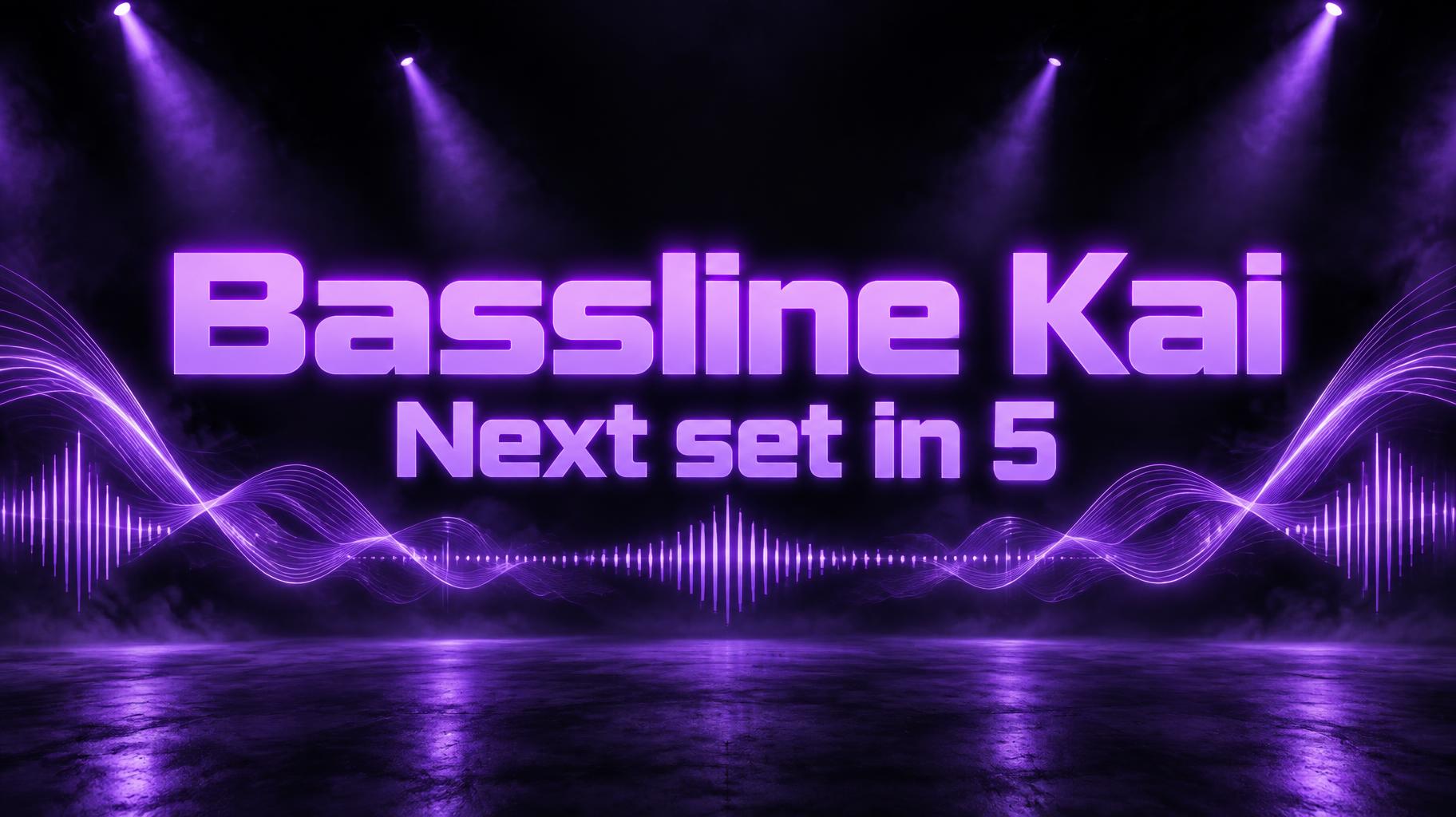 "Bassline Kai
Next set in 5" — Violet Stage Glow | AI Text Effect Generator