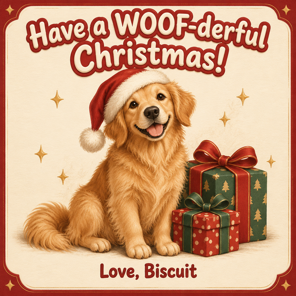 "Have a WOOF-derful Christmas!
Love, Biscuit" — Cozy Storybook Christmas | AI Text Effect Generator