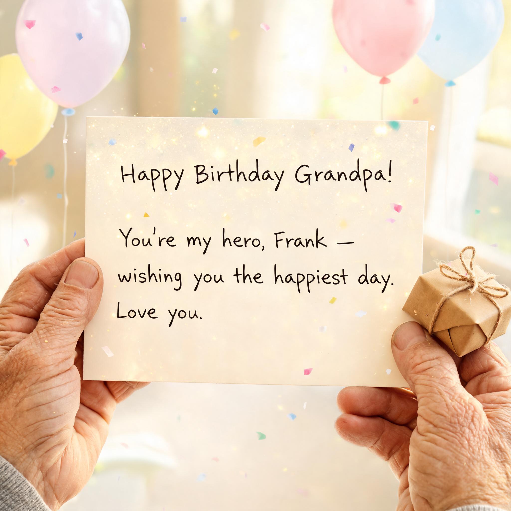 "Happy Birthday Grandpa!
You're my hero, Frank — wishing you the happiest day. Love you." — Birthday | AI Text Effect Generator