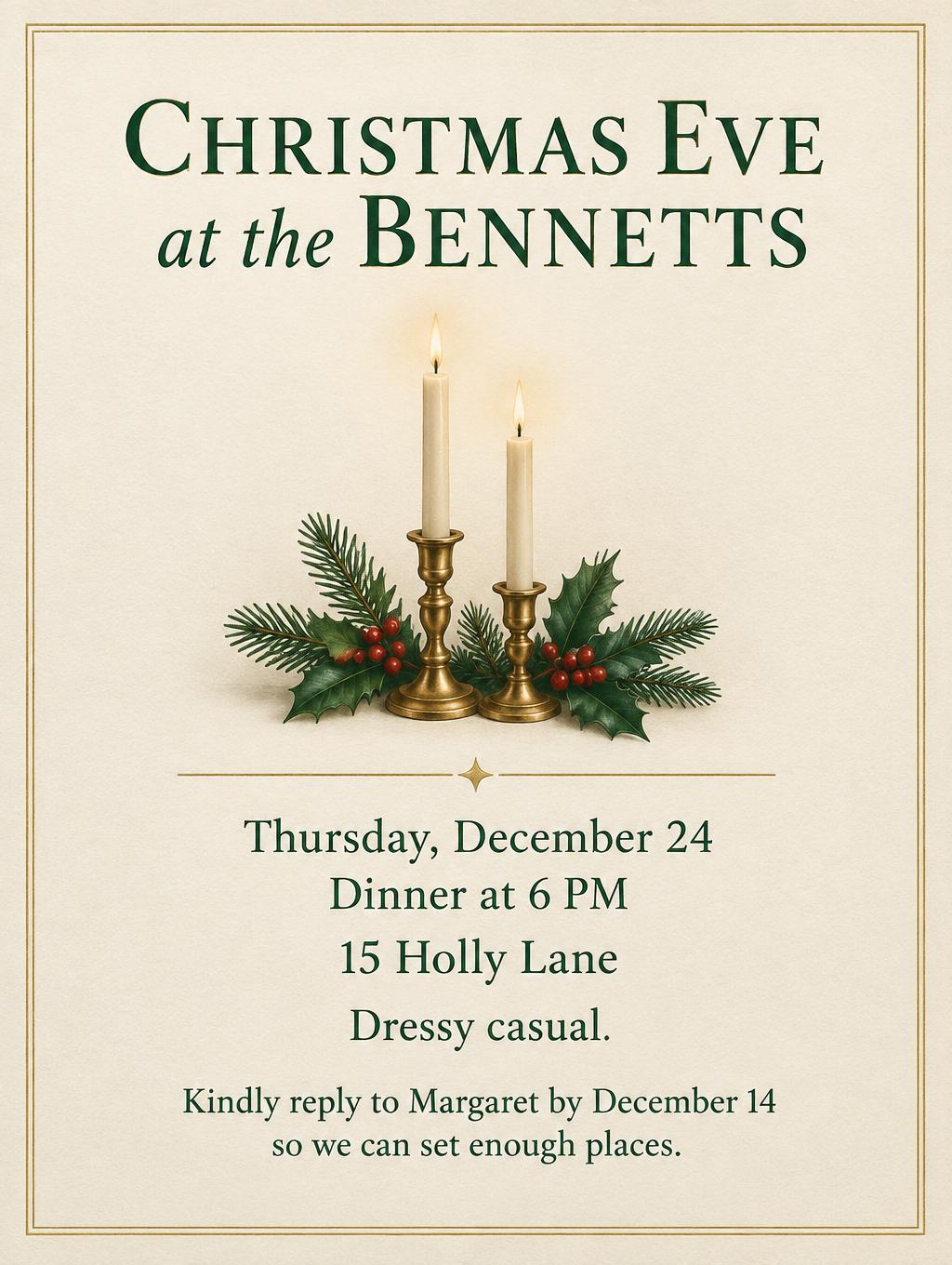 "Christmas Eve at the Bennetts
Thursday, December 24
Dinner at 6 PM
15 Holly Lane
Dressy casual.
Kindly reply to Margaret by December 14 so we can set enough places." — Candlelit Winter | AI Text Effect Generator