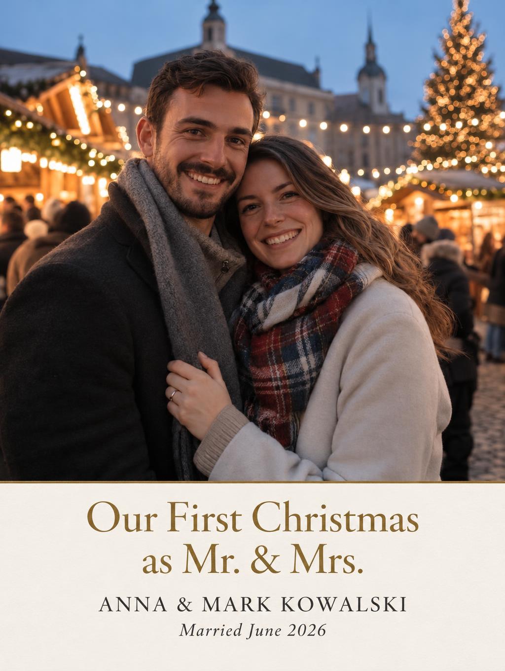 "Our First Christmas as Mr. & Mrs.
Anna & Mark Kowalski
Married June 2026" — Ivory Gilt Keepsake | AI Text Effect Generator