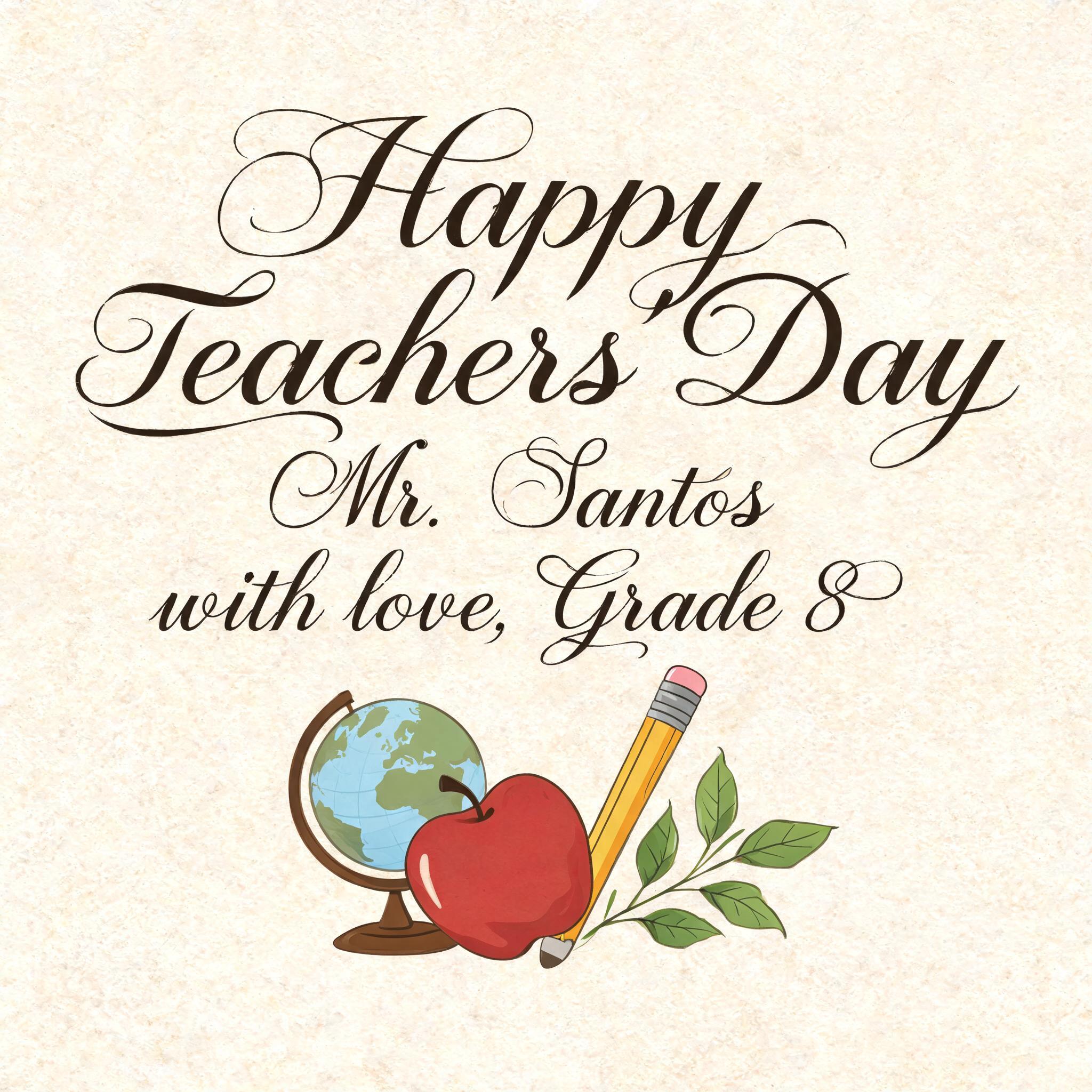 "Happy Teachers' Day
Mr. Santos
with love, Grade 8" — Teachers Day text effect