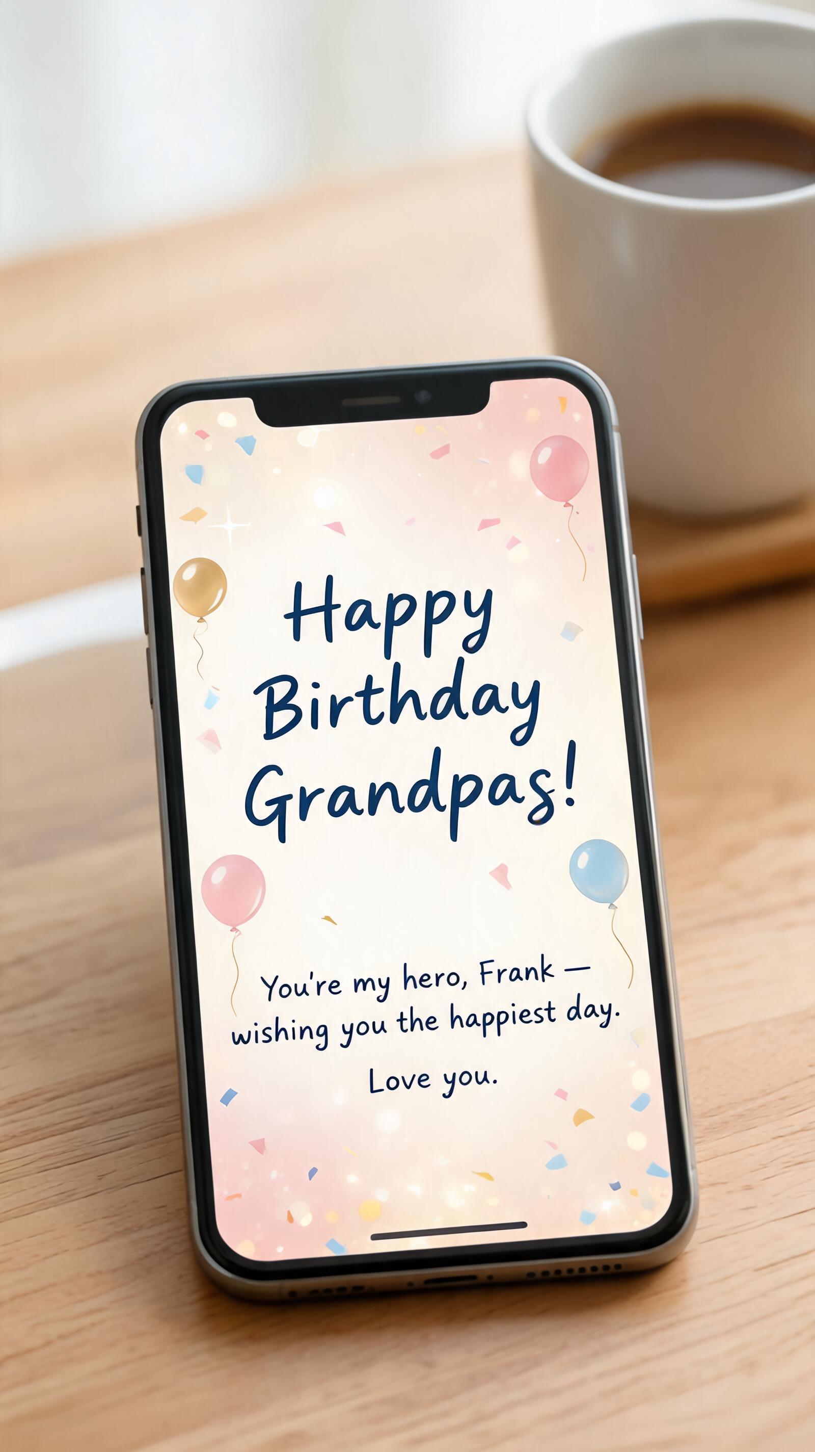 "Happy Birthday Grandpa!
You're my hero, Frank — wishing you the happiest day. Love you." — Birthday | AI Text Effect Generator