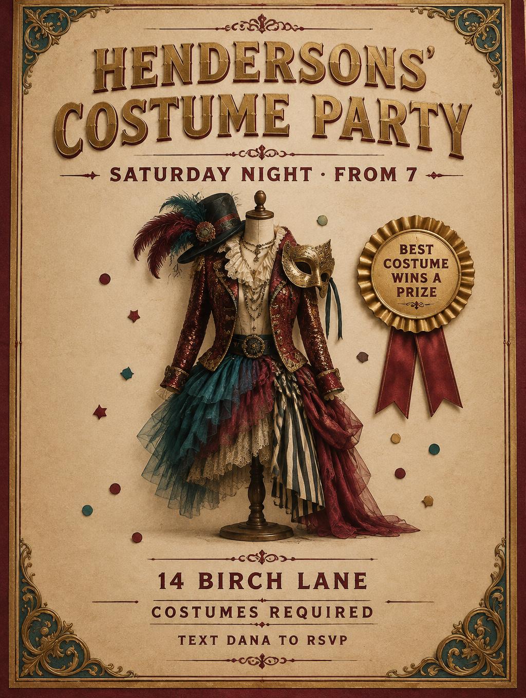 "HENDERSONS’ COSTUME PARTY
SATURDAY NIGHT · FROM 7
14 BIRCH LANE
COSTUMES REQUIRED
BEST COSTUME WINS A PRIZE
TEXT DANA TO RSVP" —  | AI Text Effect Generator