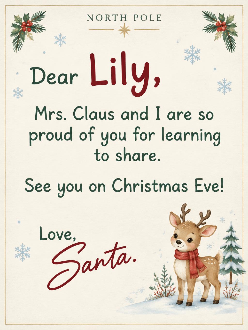 "NORTH POLE
Dear Lily,
Mrs. Claus and I are so proud of you for learning to share.
See you on Christmas Eve!
Love, Santa." — Pastel Storybook Christmas | AI Text Effect Generator
