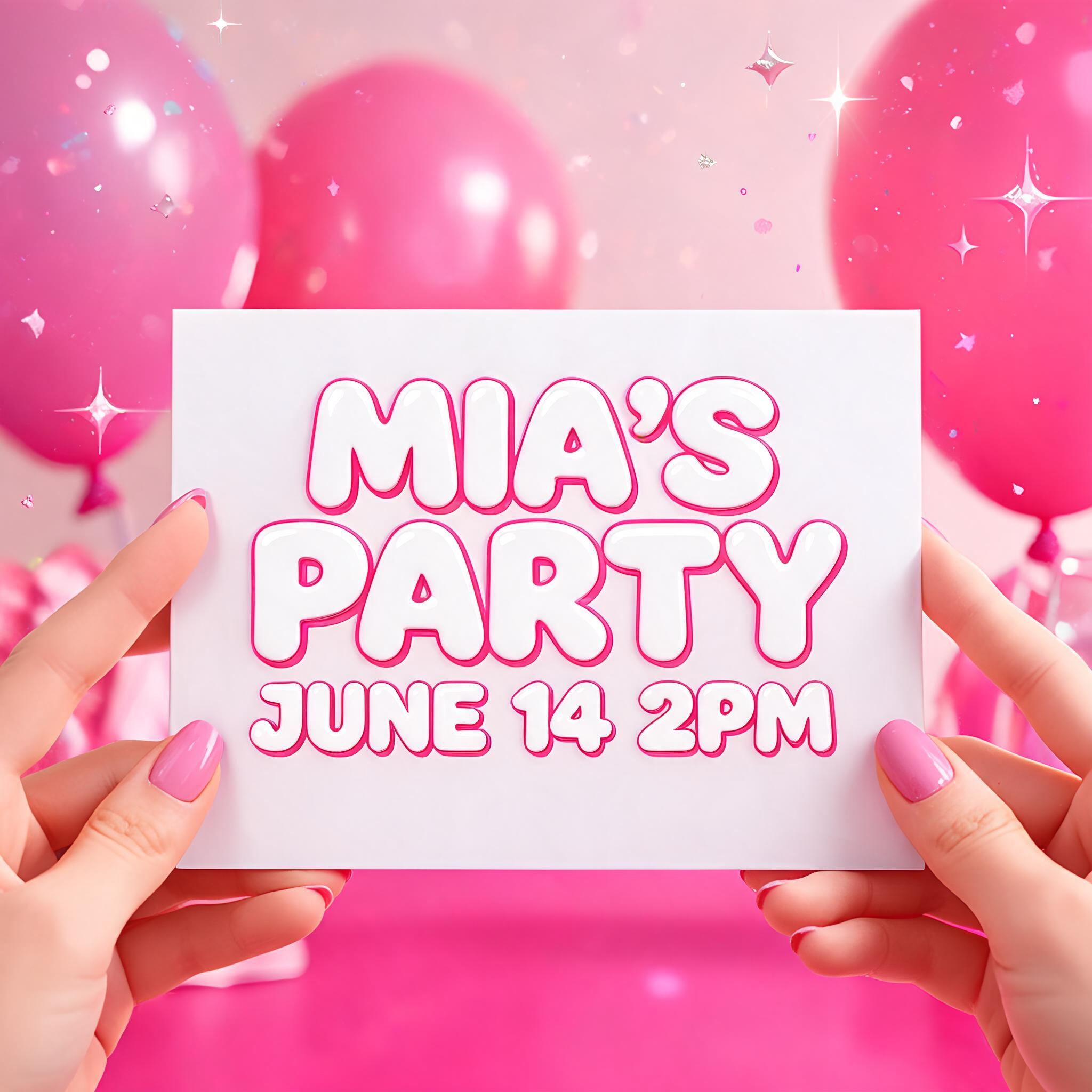 "MIA'S PARTY
JUNE 14 2PM" — Barbie text effect