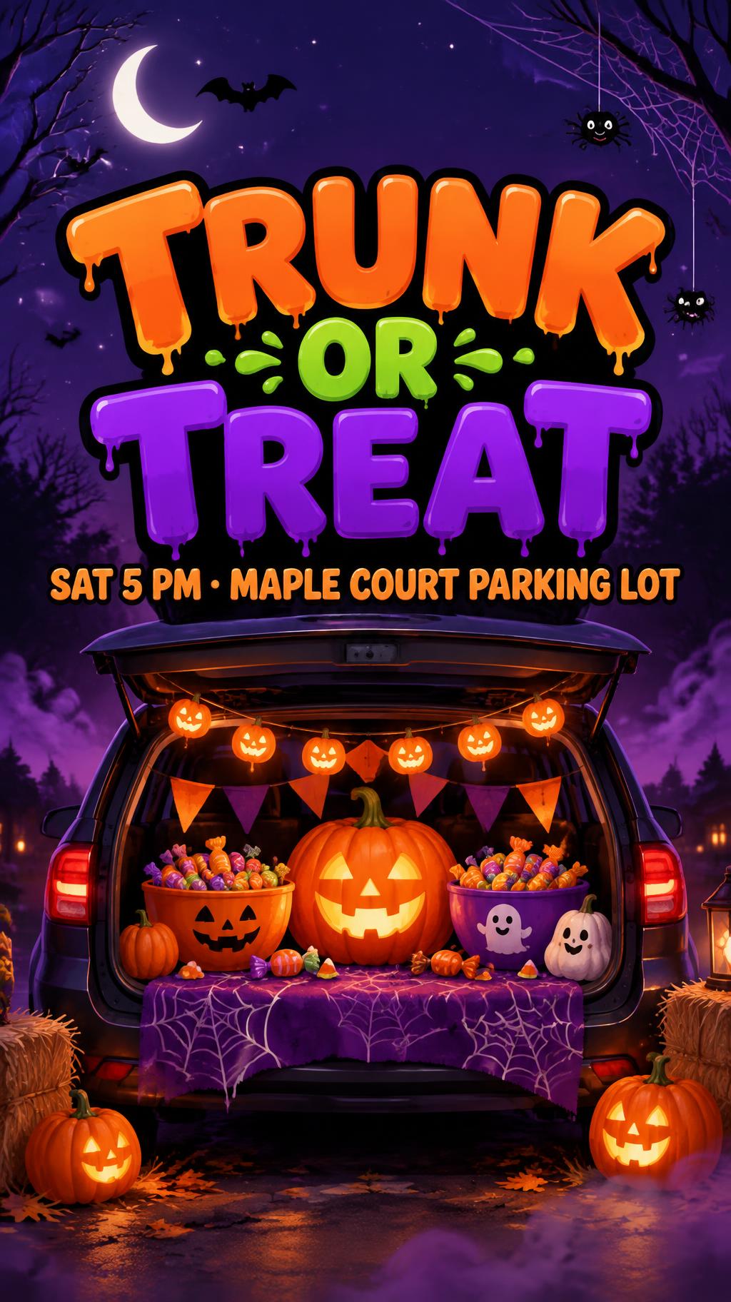 "TRUNK OR TREAT
SAT 5 PM · MAPLE COURT PARKING LOT" — Halloween | AI Text Effect Generator