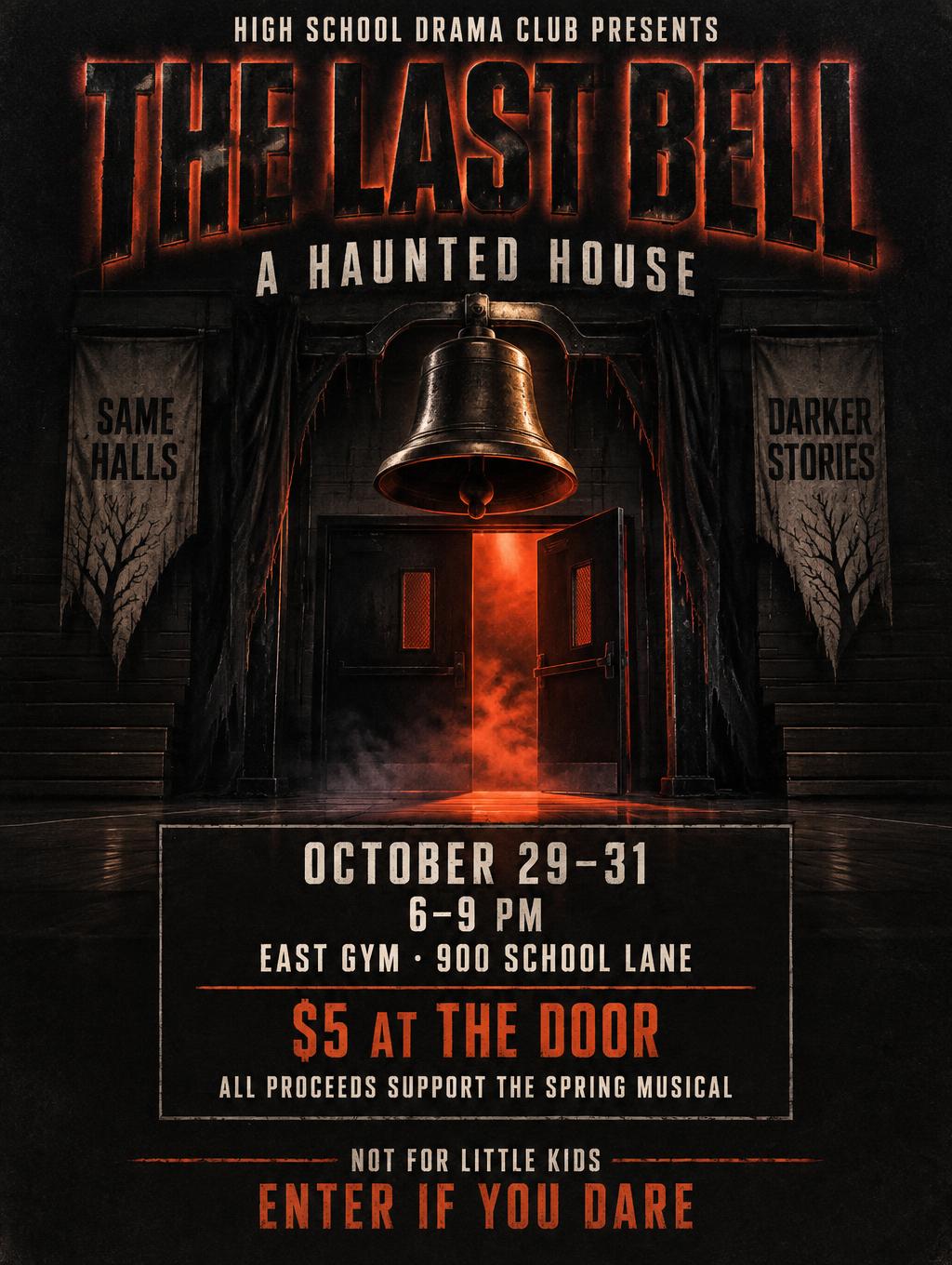 "THE LAST BELL
HIGH SCHOOL DRAMA CLUB PRESENTS
A HAUNTED HOUSE
OCTOBER 29–31
6–9 PM
EAST GYM · 900 SCHOOL LANE
$5 AT THE DOOR
ALL PROCEEDS SUPPORT THE SPRING MUSICAL
NOT FOR LITTLE KIDS
ENTER IF YOU DARE" — Theatrical Horror Print | AI Text Effect Generator