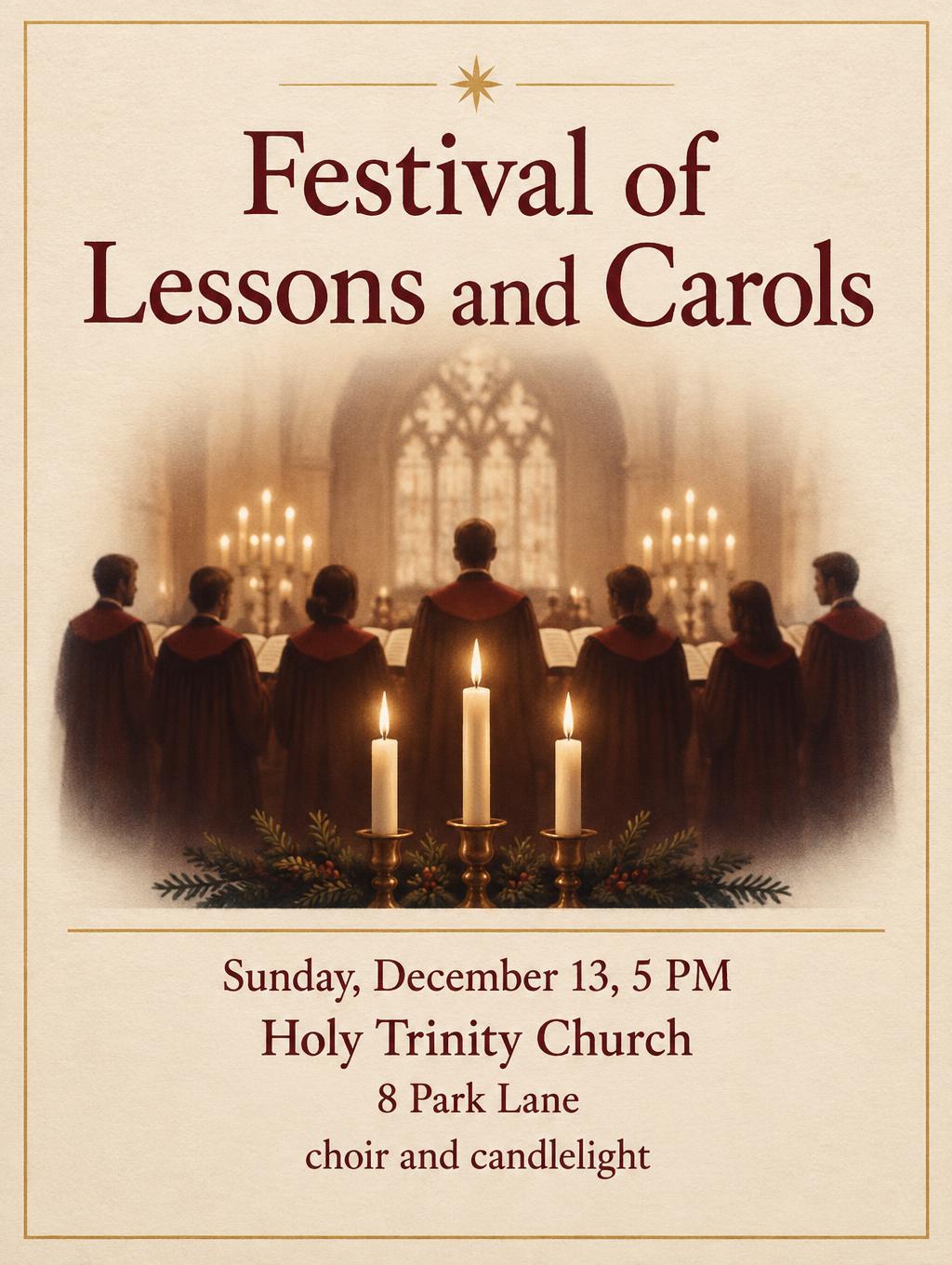 "Festival of Lessons and Carols
Sunday, December 13, 5 PM
Holy Trinity Church
8 Park Lane
choir and candlelight" — Candlelit Letterpress | AI Text Effect Generator