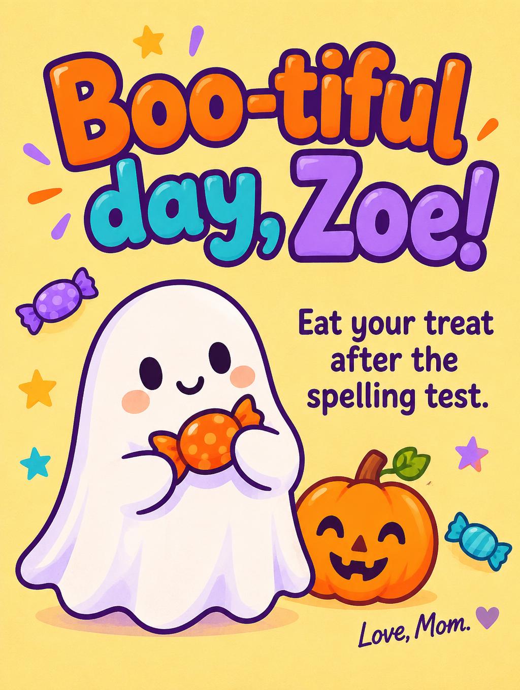 "Boo-tiful day, Zoe!
Eat your treat after the spelling test.
Love, Mom." — Halloween De Papel Alegre | AI Text Effect Generator