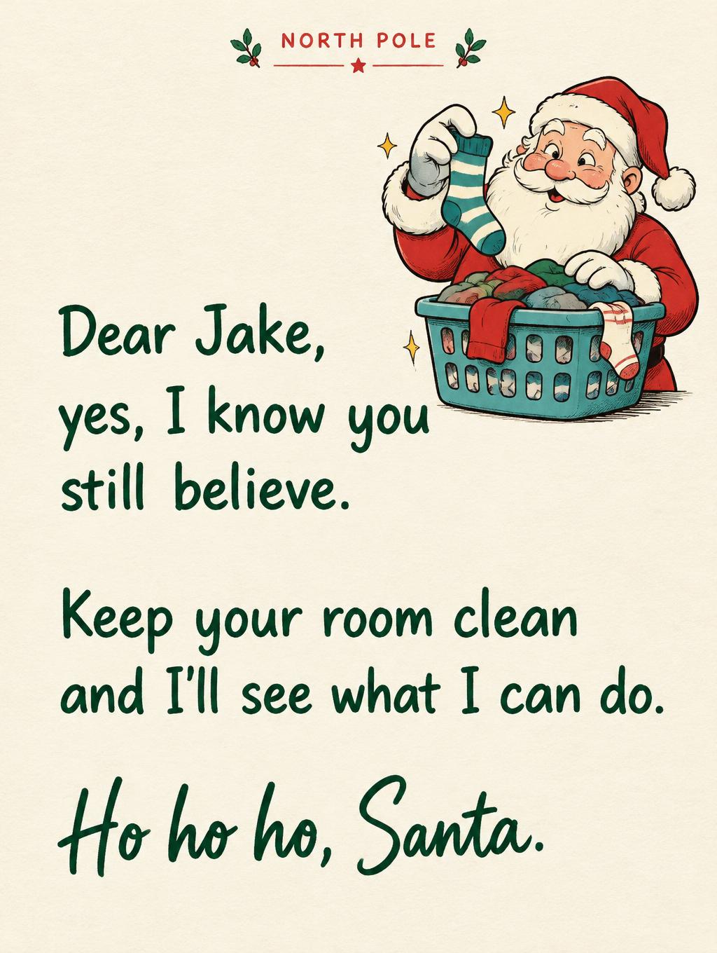 "NORTH POLE
Dear Jake, yes, I know you still believe.
Keep your room clean and I'll see what I can do.
Ho ho ho, Santa." — Bright Comic Letter | AI Text Effect Generator