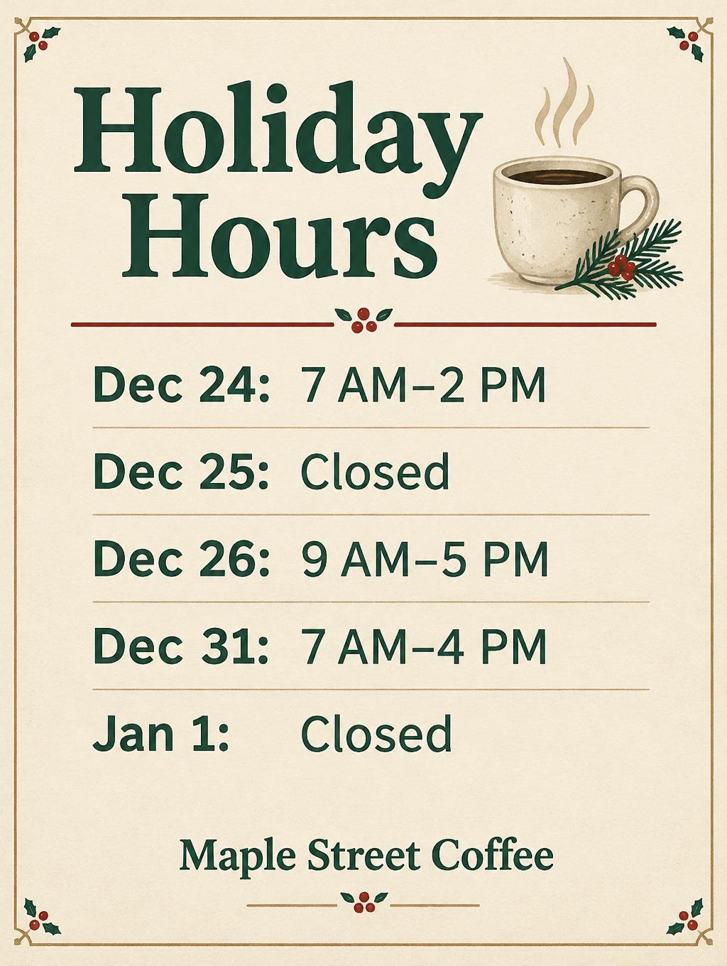 "Holiday Hours
Dec 24: 7 AM–2 PM
Dec 25: Closed
Dec 26: 9 AM–5 PM
Dec 31: 7 AM–4 PM
Jan 1: Closed
Maple Street Coffee" — Café Winter Press | AI Text Effect Generator