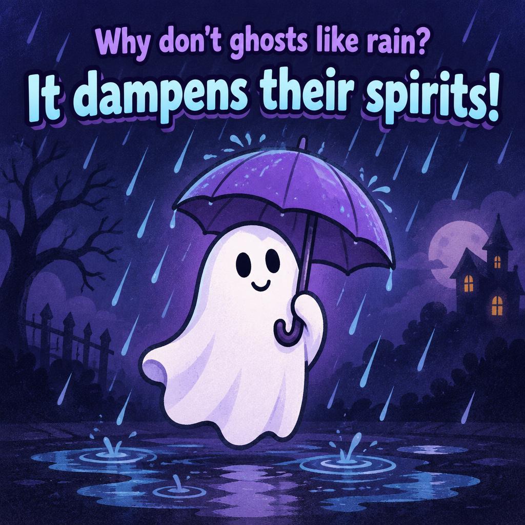 "Why don't ghosts like rain?
It dampens their spirits!" — Rainy Night Cartoon | AI Text Effect Generator