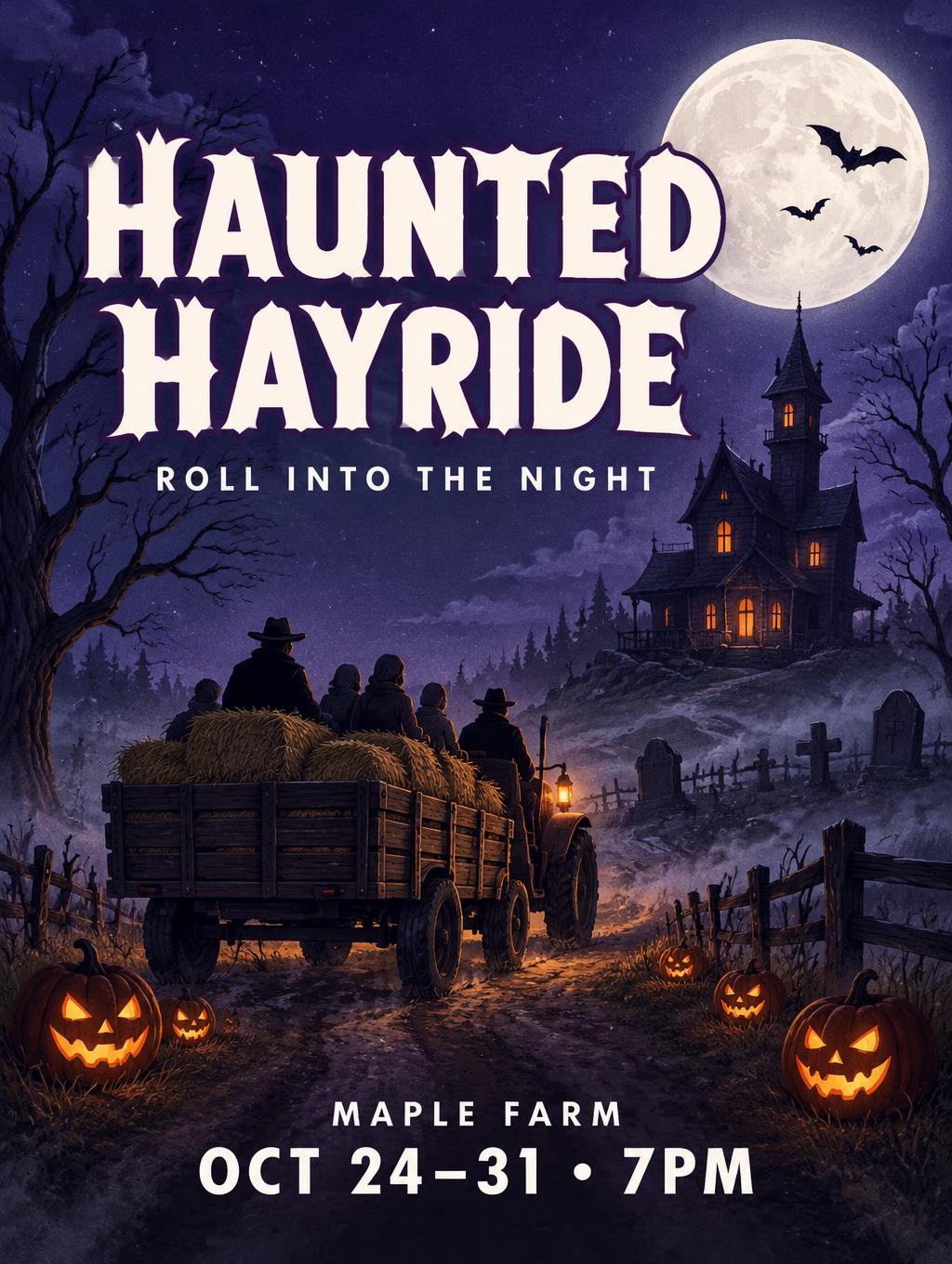 HAUNTED HAYRIDE
ROLL INTO THE NIGHT
MAPLE FARM
OCT 24–31 · 7PM