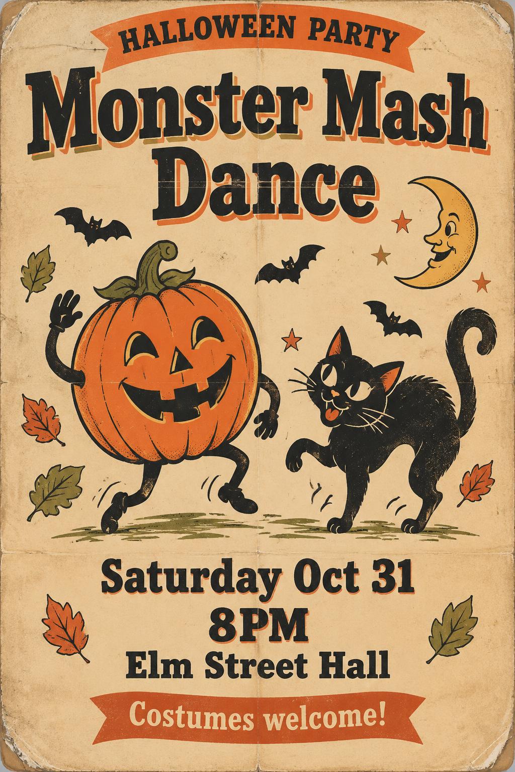HALLOWEEN PARTY
Monster Mash
Dance
Saturday Oct 31
8PM
Elm Street Hall
Costumes welcome!