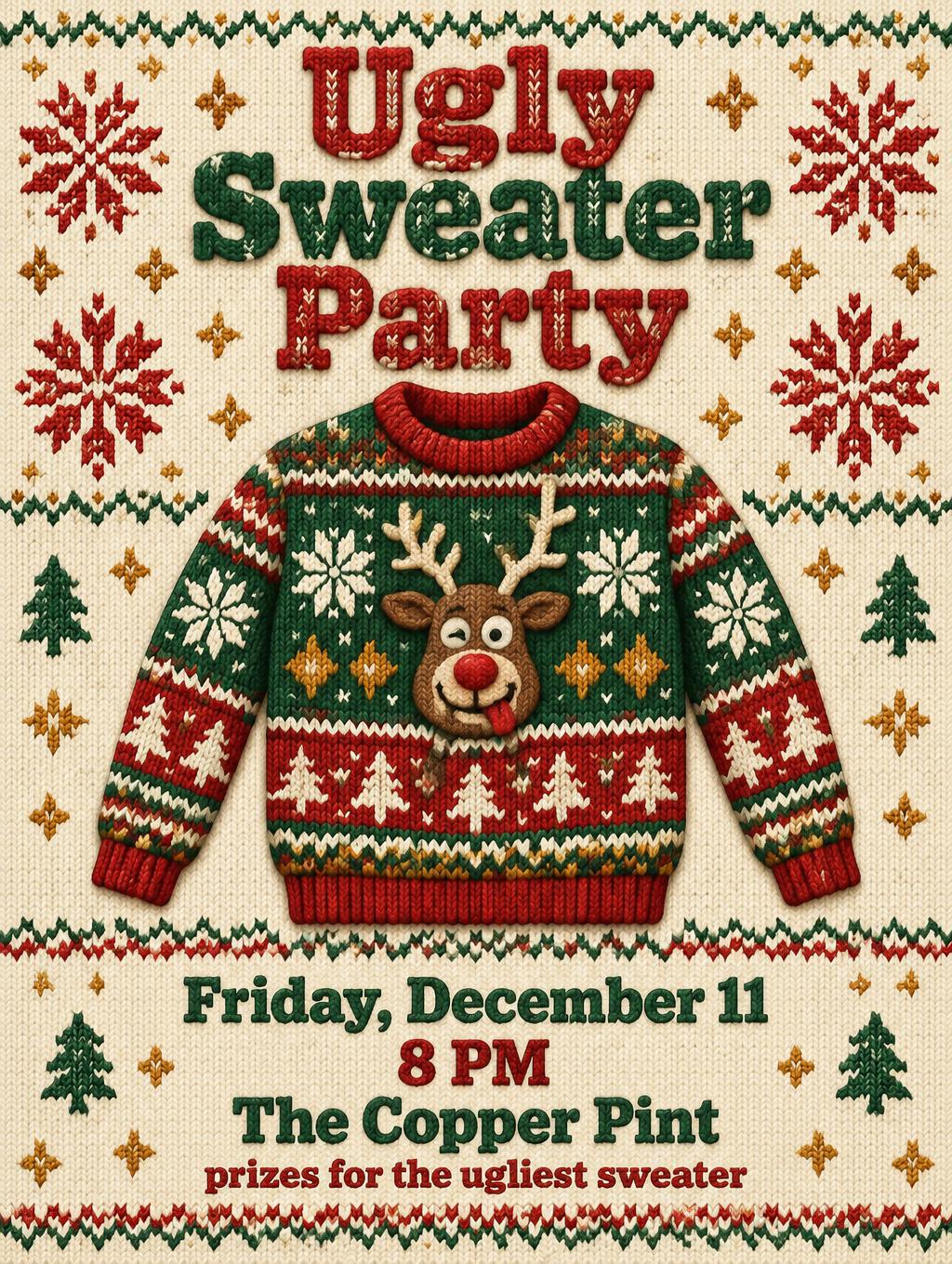 "Ugly Sweater Party
Friday, December 11
8 PM
The Copper Pint
prizes for the ugliest sweater." — Tacky Knit Christmas | AI Text Effect Generator