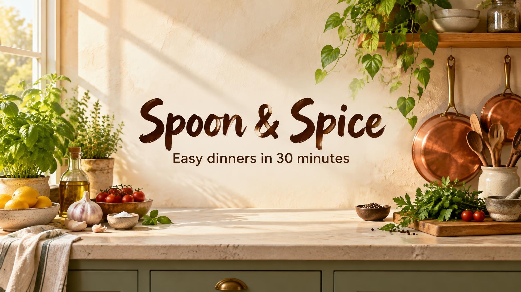 "Spoon & Spice
Easy dinners in 30 minutes" — Sunlit Kitchen Editorial | AI Text Effect Generator