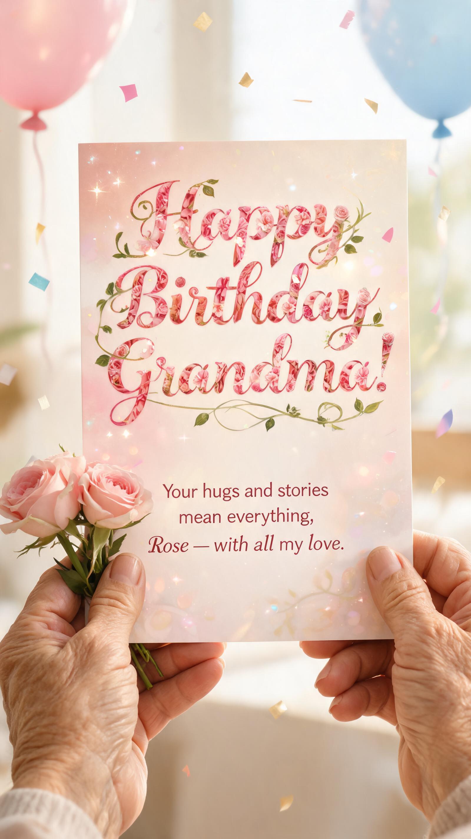 "Happy Birthday Grandma!
Your hugs and stories mean everything, Rose — with all my love." — Birthday | AI Text Effect Generator