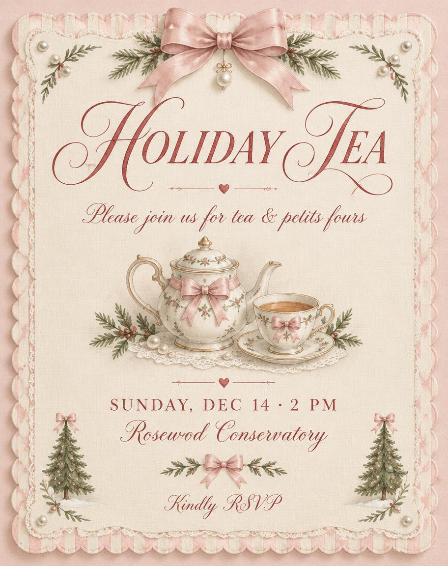 "HOLIDAY TEA
Please join us for tea & petits fours
SUNDAY, DEC 14 · 2 PM
Rosewood Conservatory
Kindly RSVP" — Coquette Christmas | AI Text Effect Generator