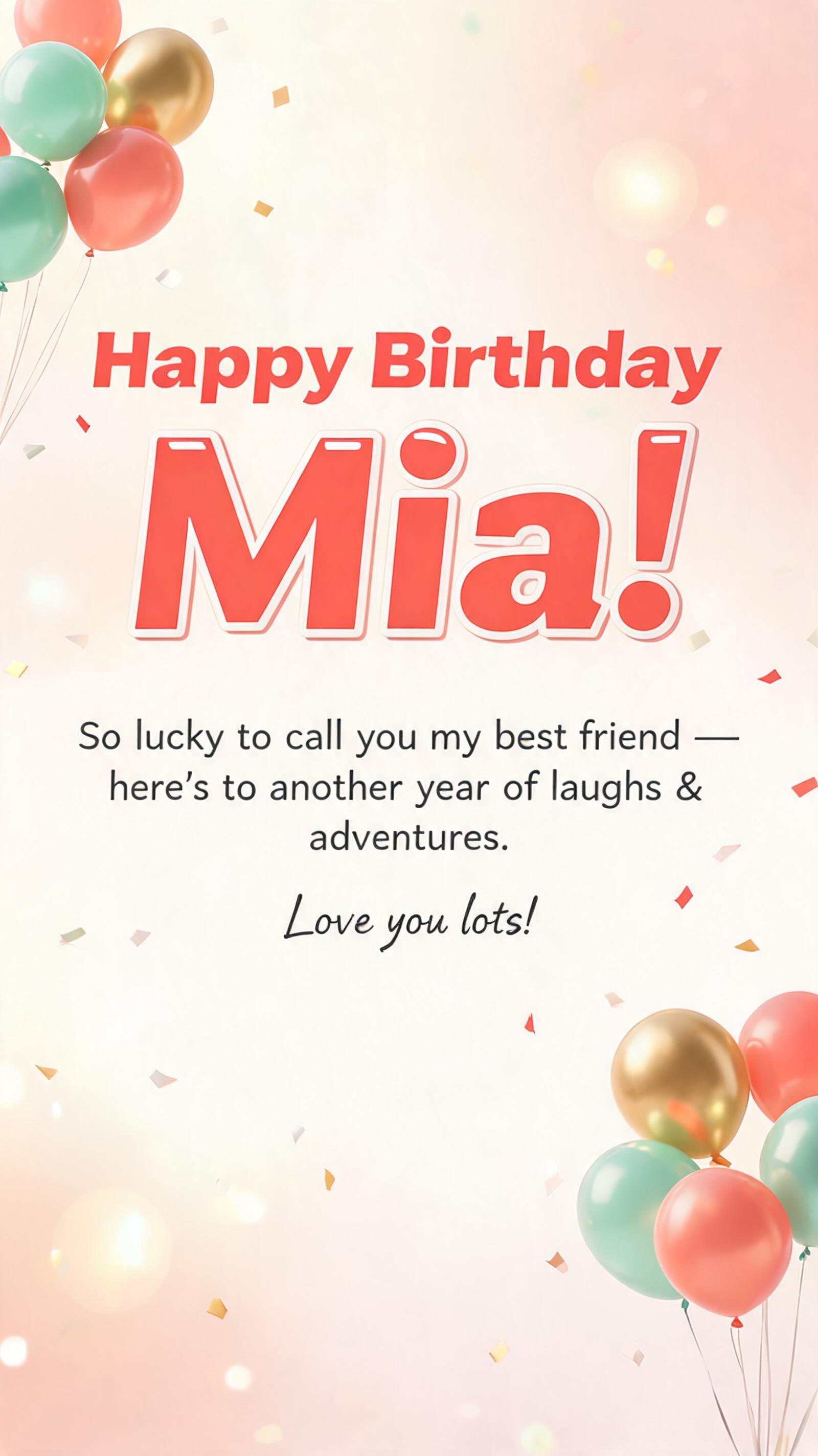 "Happy Birthday Mia!
So lucky to call you my best friend — here's to another year of laughs & adventures. Love you lots!" — Birthday | AI Text Effect Generator