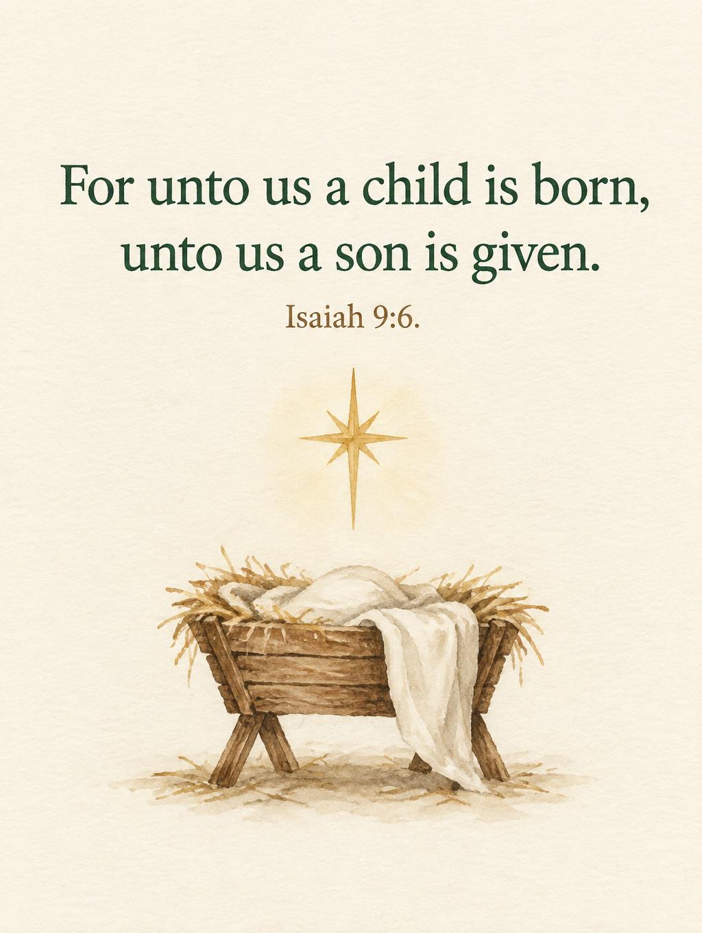 "For unto us a child is born, unto us a son is given.
Isaiah 9:6." — Quiet Watercolor Nativity | AI Text Effect Generator