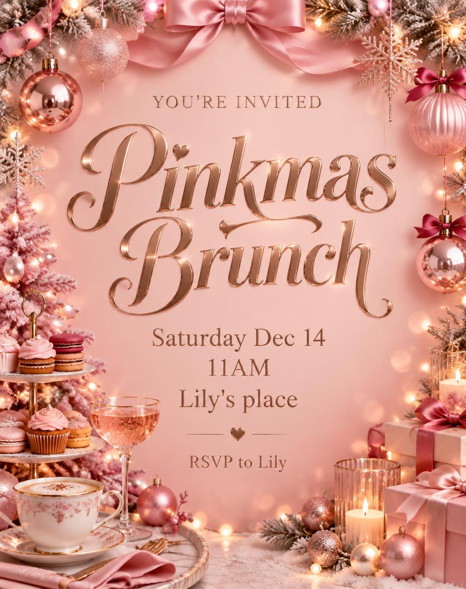 Pinkmas Brunch
YOU'RE INVITED
Saturday Dec 14
11AM
Lily's place
RSVP to Lily