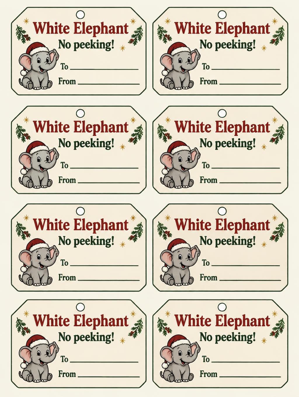 "White Elephant
No peeking!
To
From" — Cheerful Paper Vintage | AI Text Effect Generator