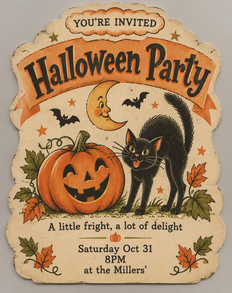 "Halloween Party
A little fright, a lot of delight
Saturday Oct 31
8PM
at the Millers’
YOU’RE INVITED" — Vintage Halloween | AI Text Effect Generator