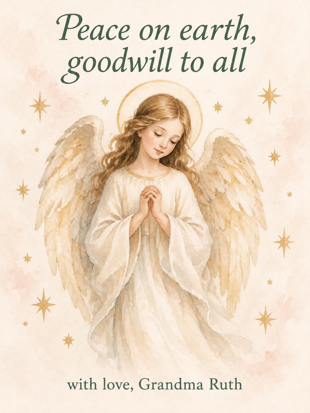 "Peace on earth, goodwill to all
with love, Grandma Ruth" — Ivory Watercolor Blessing | AI Text Effect Generator