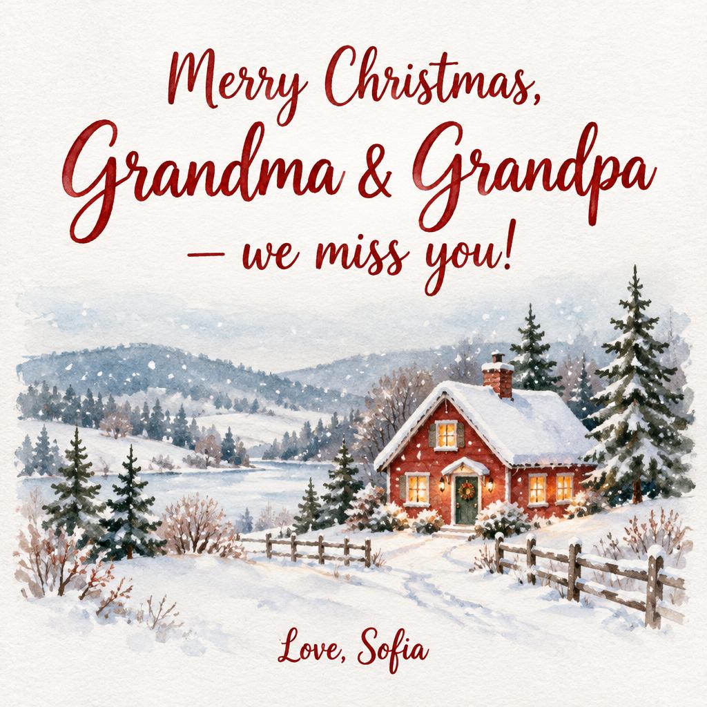 "Merry Christmas,
Grandma & Grandpa
— we miss you!
Love, Sofia" — Watercolor Christmas | AI Text Effect Generator