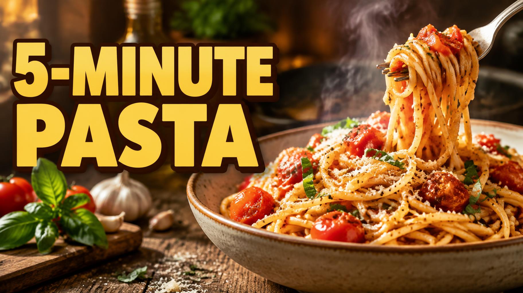 "5-MINUTE PASTA" — Warm Food Photo | AI Text Effect Generator