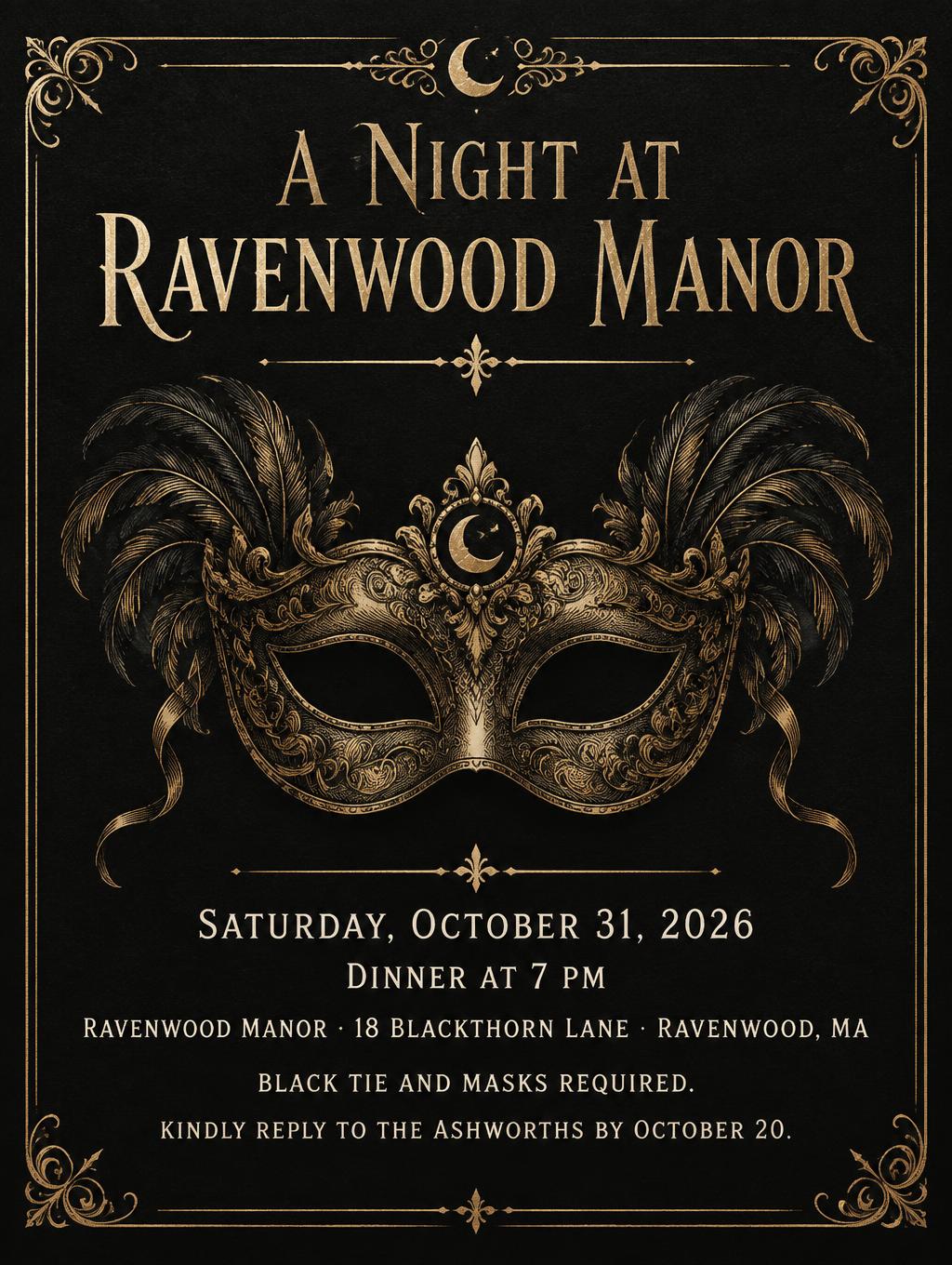 "A Night at Ravenwood Manor
Saturday, October 31, 2026
Dinner at 7 PM
Ravenwood Manor · 18 Blackthorn Lane · Ravenwood, MA
Black tie and masks required.
Kindly reply to the Ashworths by October 20." —  | AI Text Effect Generator
