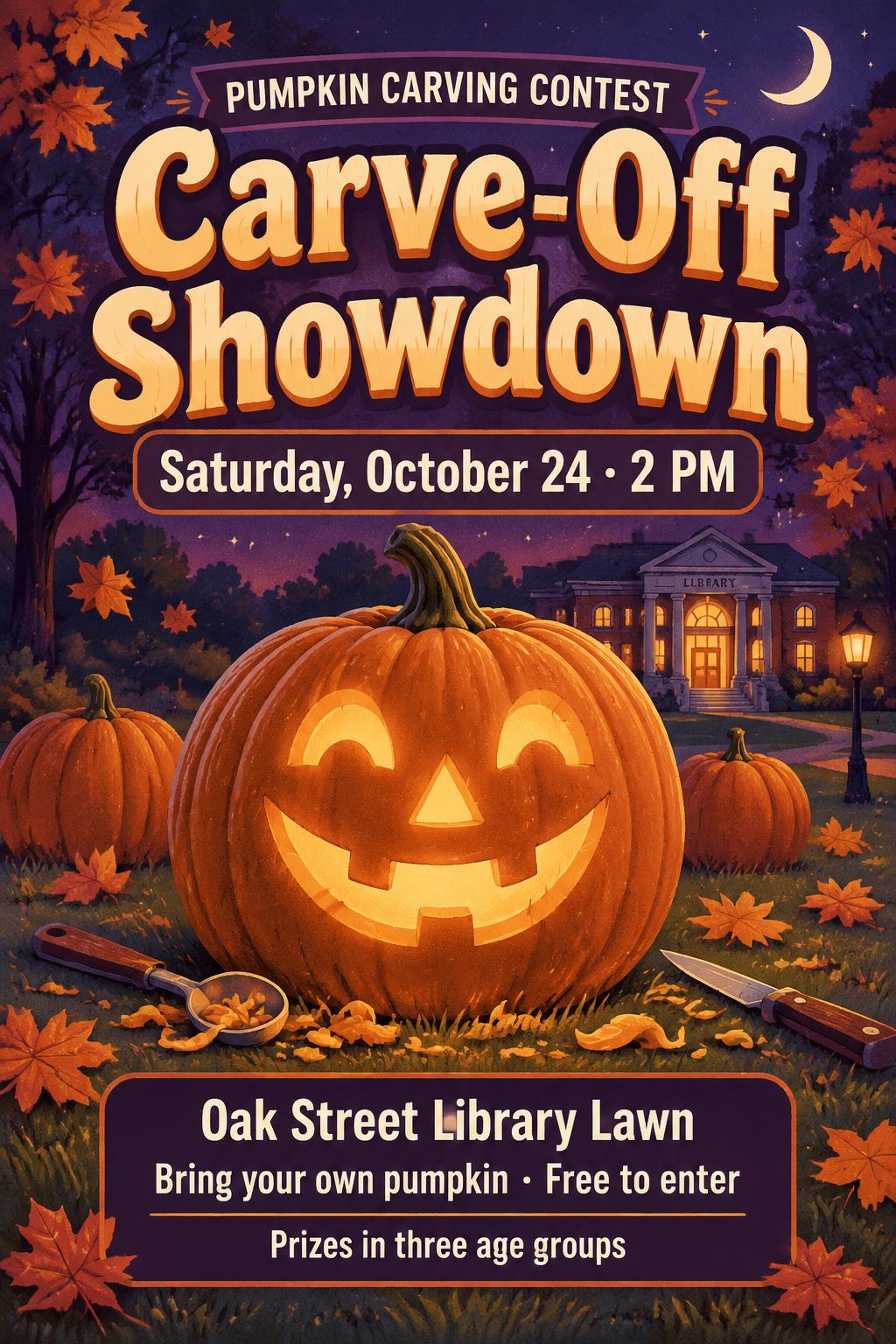 "PUMPKIN CARVING CONTEST
Carve-Off Showdown
Saturday, October 24 · 2 PM
Oak Street Library Lawn
Bring your own pumpkin · Free to enter
Prizes in three age groups" — Friendly Harvest Night | AI Text Effect Generator