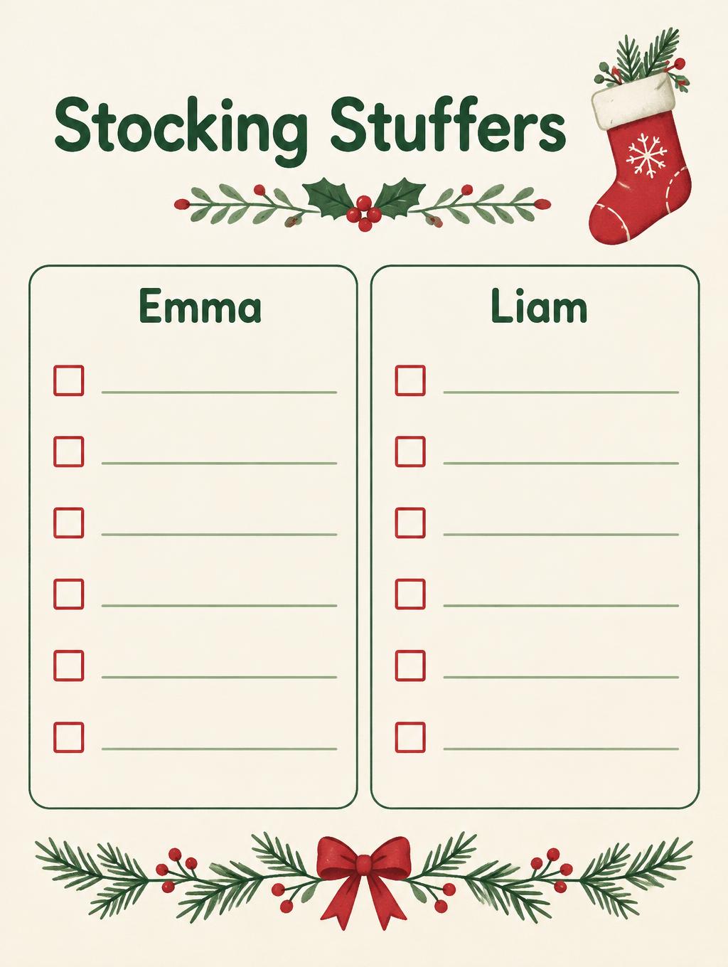 "Stocking Stuffers
Emma
Liam" — Evergreen Stationery | AI Text Effect Generator