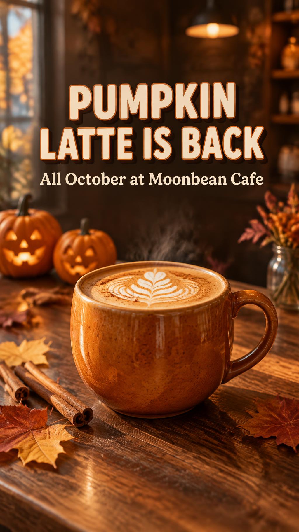 "PUMPKIN LATTE IS BACK
All October at Moonbean Cafe" — Comptoir D’Automne | AI Text Effect Generator