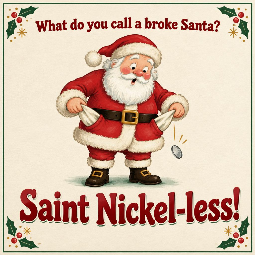 "What do you call a broke Santa?
Saint Nickel-less!" — Storybook Gouache Christmas | AI Text Effect Generator