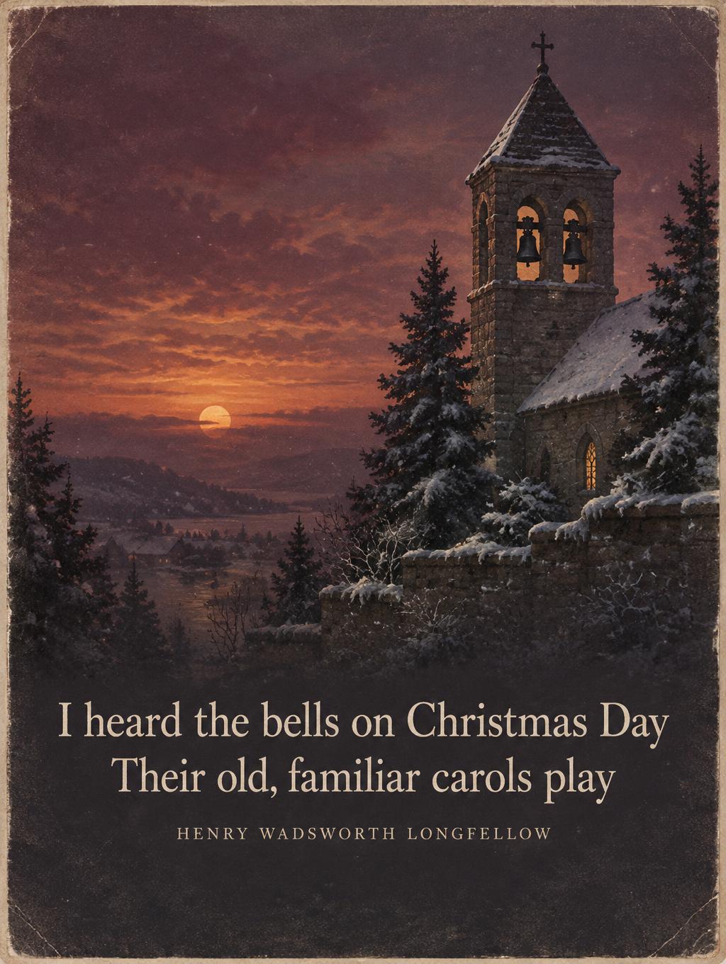 "I heard the bells on Christmas Day
Their old, familiar carols play
Henry Wadsworth Longfellow" — Dusk Postcard Print | AI Text Effect Generator
