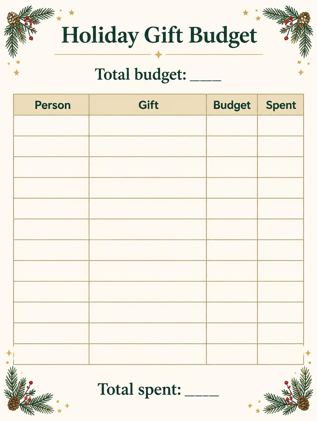 "Holiday Gift Budget
Total budget: ____
Person
Gift
Budget
Spent
Total spent: ____" — Evergreen Ledger | AI Text Effect Generator