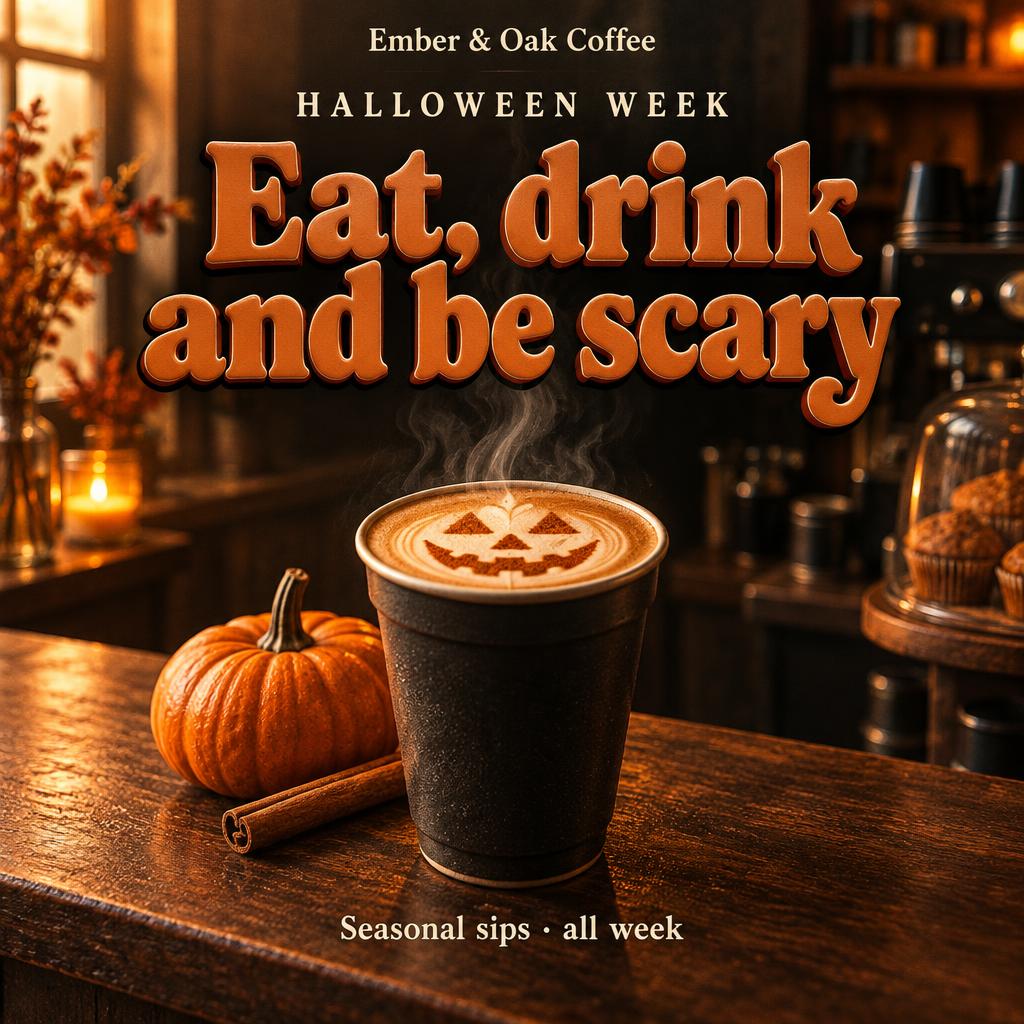 "Ember & Oak Coffee
HALLOWEEN WEEK
Eat, drink and be scary
Seasonal sips · all week" —  | AI Text Effect Generator