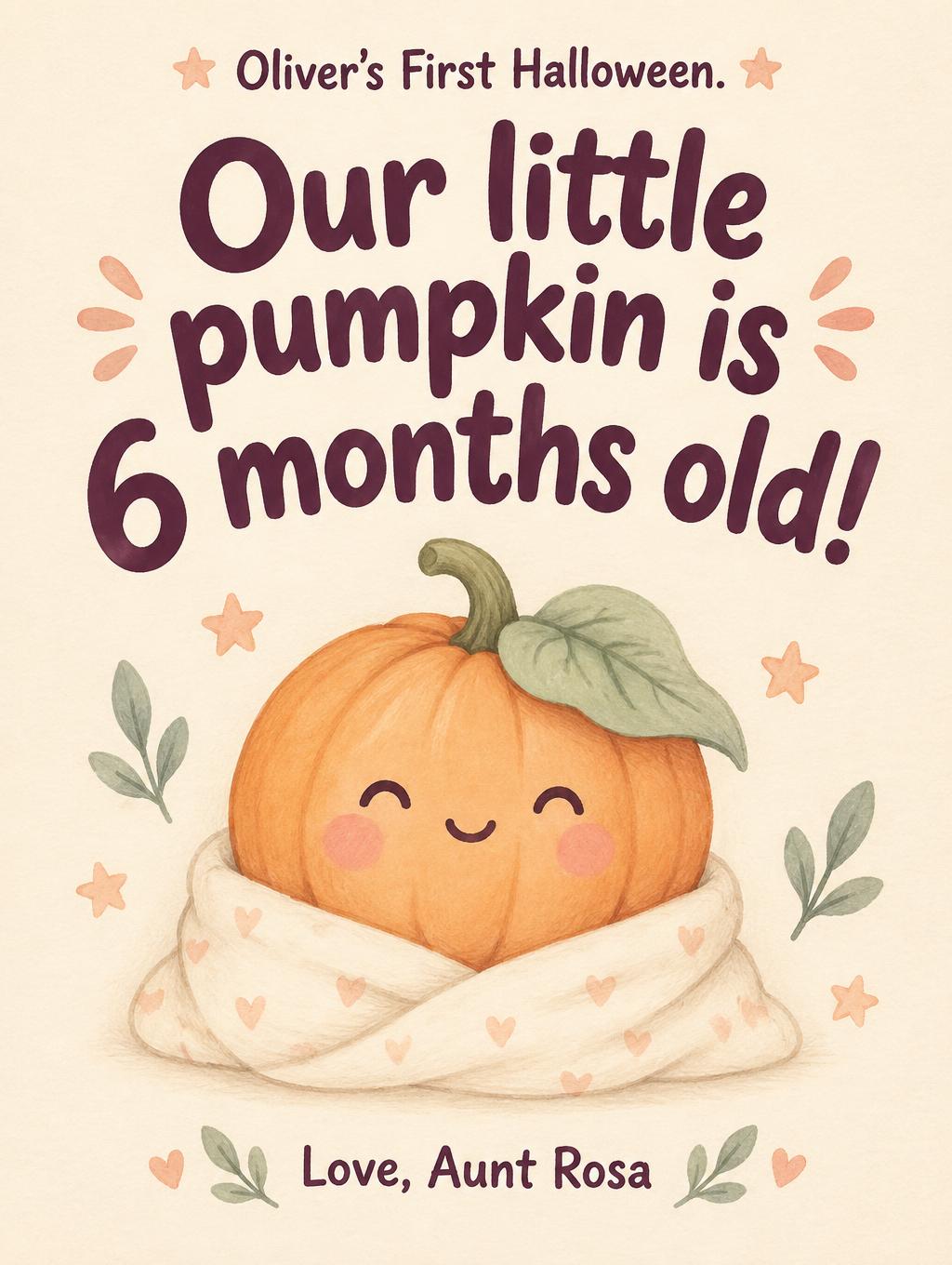 "Our little pumpkin is 6 months old!
Oliver's First Halloween.
Love, Aunt Rosa" — Pastel Pumpkin Keepsake | AI Text Effect Generator
