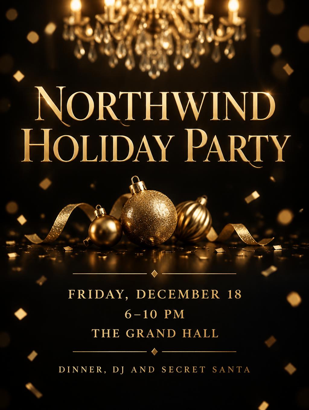 "Northwind Holiday Party
Friday, December 18
6–10 PM
The Grand Hall
dinner, DJ and Secret Santa" — Velvet Gilt Glamour | AI Text Effect Generator