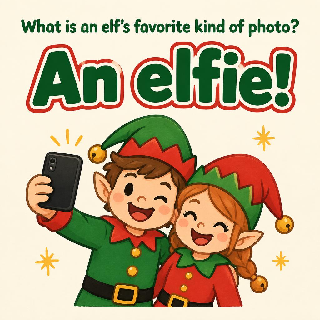 "An elfie!
What is an elf's favorite kind of photo?" — Playful Screenprint Christmas | AI Text Effect Generator