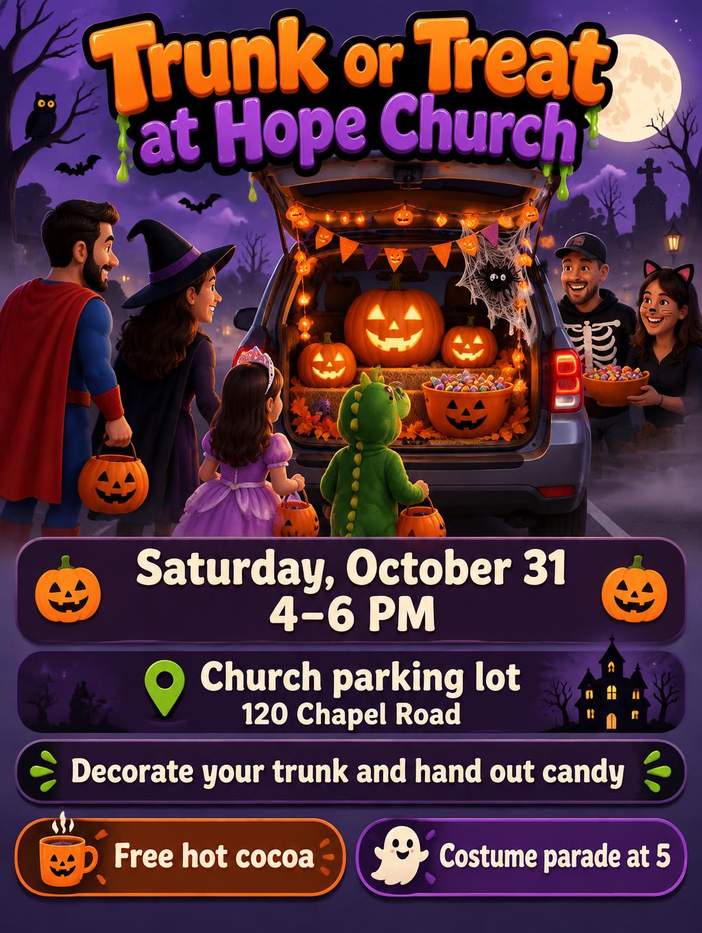 "Trunk or Treat at Hope Church
Saturday, October 31
4–6 PM
Church parking lot
120 Chapel Road
Decorate your trunk and hand out candy
Free hot cocoa
Costume parade at 5" — Halloween | AI Text Effect Generator